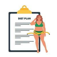 Plus size woman in underwear standing in front of big diet plan checklist. Vector illustration.