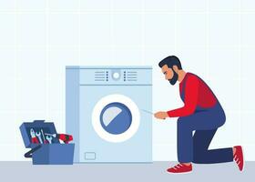 Master with set of professional tools repairs a washing machine. Washing machines repair service. Man character in uniform and washing machine with a breakdown. Vector illustration.