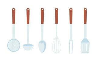 Kitchen utensils, set. Ladle, spatula, whisk, skimmer, spoon, vector illustration isolated.