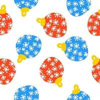 Red and blue balls hanging toy. Merry Christmas and Happy New Year. Vector seamless pattern of tree decoration in outline doodle style isolated on white background