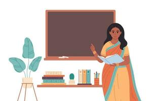 Indian female teacher at classroom near blackboard. Back to school. Education, lecture and lesson at school. vector