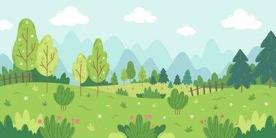 Spring landscape with trees, mountains, fields, bushes, flowers, fir trees. vector