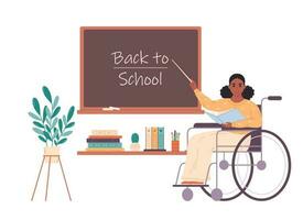 Black female teacher in wheelchair at classroom near blackboard. Education, lecture and lesson at school.