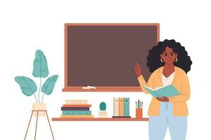 africano americano hembra profesor a salón de clases cerca pizarra. educación, conferencia y lección a escuela. vector