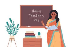 indio hembra profesor a salón de clases cerca pizarra. espalda a escuela. educación, conferencia y lección a escuela. vector