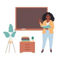 African american female teacher at classroom near blackboard. Education, lecture and lesson at school. vector
