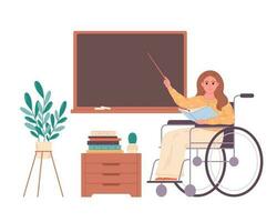 Female teacher in wheelchair at classroom near blackboard. Education, lecture and lesson at school.