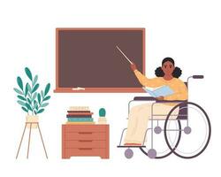 Black female teacher in wheelchair at classroom near blackboard. Education, lecture and lesson at school. vector