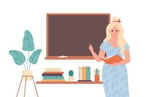 Female teacher at classroom near blackboard. Education, lecture and lesson at school. vector