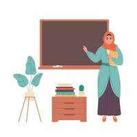 Muslim female teacher at classroom near blackboard. Education, lecture and lesson at school. vector