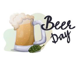 National Beer Day. a glass of beer in a cute, cartoon style with malt on a white background. Template for banner, advertising, web design, printing. Vector illustration