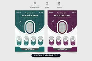 Holiday trip booking and management company flyer design with purple and blue colors. Modern travel agency promotional leaflet vector with photo placeholders. Touring group advertisement flyer vector.