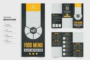 Healthy restaurant food menu leaflet and brochure template vector on a dark background. Restaurant menu list tri fold brochure design with photo placeholders. Creative culinary advertisement template.