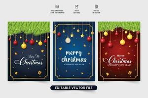 Navidad regalo tarjeta colección con oscuro azul y rojo colores. creativo regalo tarjeta diseño para Navidad con vistoso elementos y realista verde hojas. Navidad regalo tarjeta conjunto decoración para saludos. vector