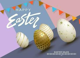 Easter slanting multicolor composition, Easter eggs in white with a pattern. vector