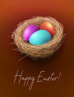Easter brown gorgeous card with colorful eggs in a straw nest. vector