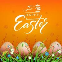 Easter orange design, patterned eggs are drawn in the grass with flowers. vector