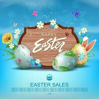 Easter blue illustration with a curly frame, eggs with a pattern, grass with flowers. vector