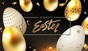 Easter eggs in gold and white shade with pattern, design in black shade with mosaic. vector