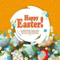 Orange composition with an abstract round white frame, Easter eggs with a pattern and flowers. vector