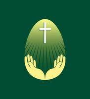Yellow easter egg silhouette with cross and hands, design element. vector