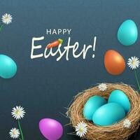 Festive Easter card, eggs with a pattern in the nest, wonderful flowers. vector