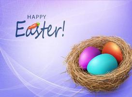Easter purple gorgeous card with colorful eggs in a straw nest. vector