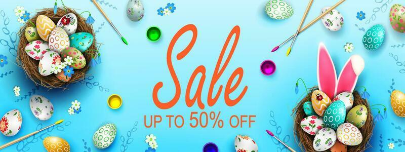 Easter sale banner, nest with eggs, brushes and paints.