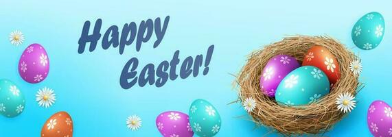 Illustration with Easter eggs in a nest on a blue background. vector