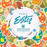 Abstract round white frame with flowers, illustration with Easter beautiful eggs and with a cute pattern. vector