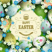 Easter composition with beautiful eggs drawn in a circle, flowers and grass. Light curly frame with braid and text. vector