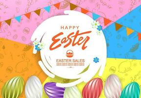 Easter multicolor illustration with abstract round white frame, eggs with a striped pattern. vector