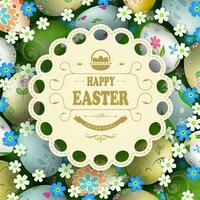 Easter composition with eggs with different patterns drawn in a circle. Light curly frame with braid and text. vector