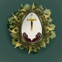 Easter composition with a white egg in a gold frame, a cross and a silhouette of hands, intertwined silhouettes of green foliage. vector