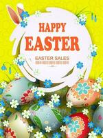 Yellow composition with an abstract round white frame, Easter eggs with a pattern and flowers. vector