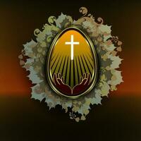 Easter dark composition with an egg in a gold frame, a cross and a silhouette of hands, with sunbeams, interlaced silhouettes of green foliage. vector