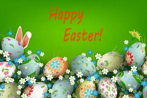 Easter green texture composition with eggs with a beautiful diverse pattern, flowers and rabbit ears. vector