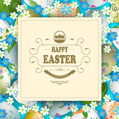 Bright Easter composition with a square frame with interwoven braid, a set of Easter eggs and many colors of blue and white.