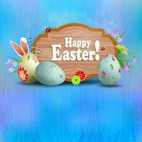 Easter composition in a light blue hue with a curly brown frame, eggs and rabbit ears, flowers, willow twig and grass. vector