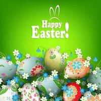 Easter green composition with eggs with a different pattern, grass and flowers. vector