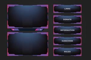 Glossy gaming overlay and screen border decoration elements with blue and red colors. Futuristic live broadcast display layout vector on a dark background. Online streaming screen interface design.
