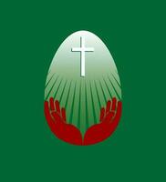 Silhouette of an Easter white egg with a cross and hands, design element. vector