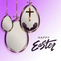 Easter light purple design, abstract eggs on pendants with gold border, cross and hands. vector