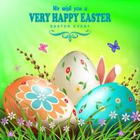 Easter composition of green color with Easter eggs, grass with flowers, willow branch, butterflies and rabbit ears. vector