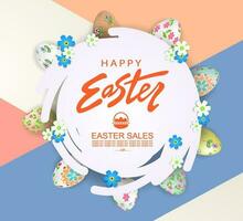 Abstract round white frame, illustration with Easter eggs, wreath, slanting curtains. vector