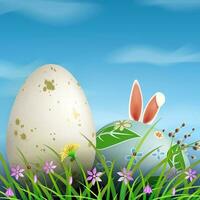 Easter composition with blue sky and white clouds, two eggs with rabbit ears, flowers and green grass. vector