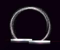 Abstract round frame and white color podium on black background. vector