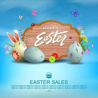 Easter blue composition with decorative frame, patterned eggs, grass with flowers. vector