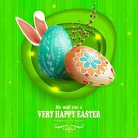 Easter eggs with bunny ears and willow branch, green composition with blackboard silhouette, oval abstract frame. vector