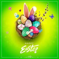 Easter green design with nest, patterned eggs, bunny ears and willow twig. vector